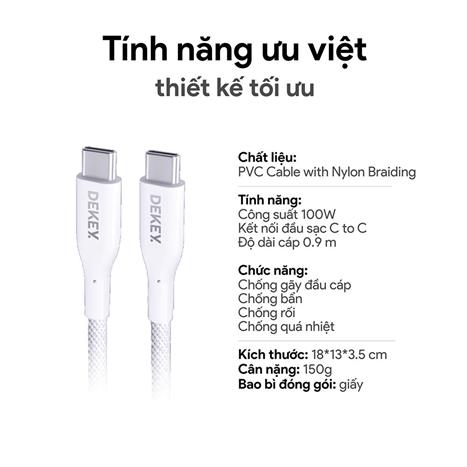 Cáp sạc nhanh và truyền dữ liệu Type C - Type C 100W 0.9m Dekey Power Pioneer C2588 - Trắng Màu Trắng
