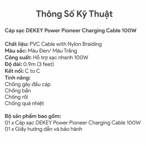 Cáp sạc nhanh và truyền dữ liệu Type C - Type C 100W 0.9m Dekey Power Pioneer C2588 - Trắng Màu Trắng
