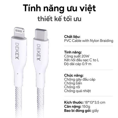 Cáp sạc nhanh và truyền dữ liệu Type C - Lightning 20W 0.9m Dekey Power Pioneer C2566 - Trắng Màu Trắng