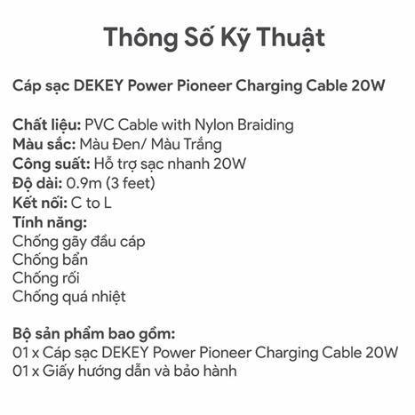 Cáp sạc nhanh và truyền dữ liệu Type C - Lightning 20W 0.9m Dekey Power Pioneer C2566 - Trắng Màu Trắng