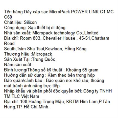 Cáp sạc nhanh và truyền dữ liệu Type-C - Type-C 60W 1.2m MicroPack Power Link C1 MC C60 - Đen Màu Đen