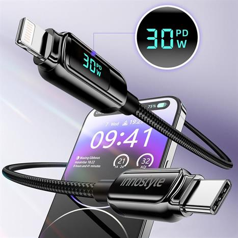 Cáp sạc nhanh và truyền dữ liệu Type-C - Lightning 30W 1.2m Innostyle DP-CL301BLK Màu Đen