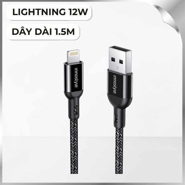 Cáp sạc nhanh và truyền dữ liệu USB-A - Lightning 12W 1.5m Innostyle IAL150ALBLK
