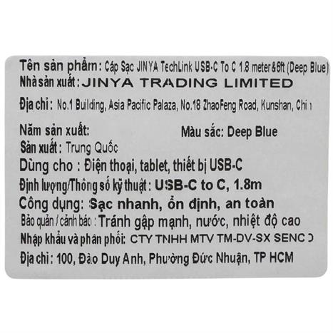 Cáp sạc nhanh và truyền dữ liệu Type-C - Type-C 60W 1.8m JINYA - Xanh đậm Màu Xanh dương đậm