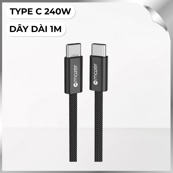 Cáp sạc nhanh và truyền dữ liệu Type-C - Type-C 240W 1m Mazer M-FLEX2-C1M-BK