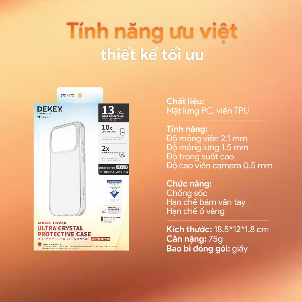 Ốp lưng iPhone 17 Pro TPU DEKEY Crystal case Màu Trắng
