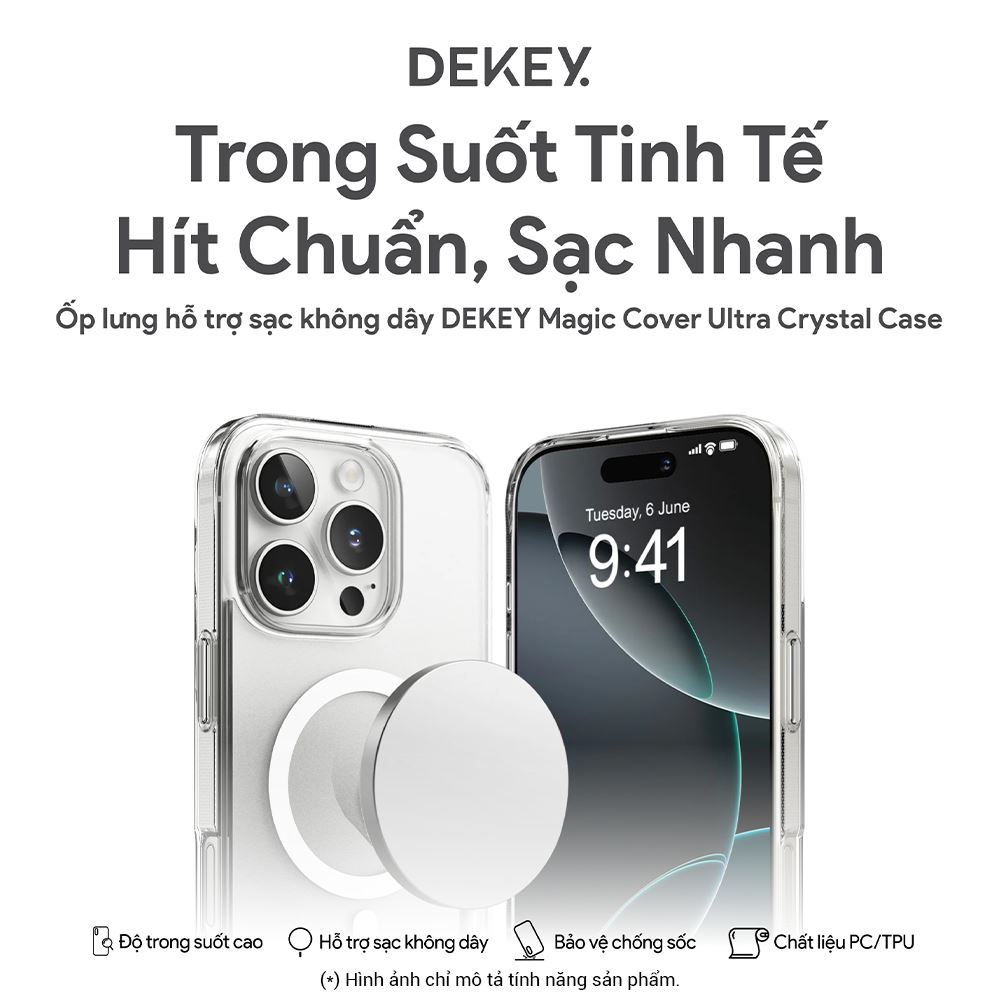 Ốp lưng MagSafe iPhone 16 PC TPU DEKEY Crystal case Màu Trắng