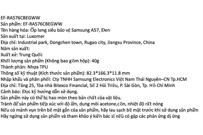 Ốp lưng Galaxy A57 TPU siêu bảo vệ Samsung Chính hãng Màu Đen