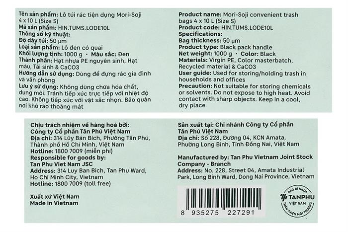 Túi rác tự hủy sinh học Inochi Mori-Soji 23.5 x 5.6cm*1000gr màu đen Màu Đen