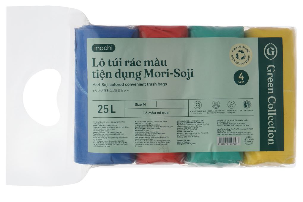 Túi rác tự hủy sinh học Inochi Mori-Soji 23.5 x 5.5 cm*1000gr nhiều màu Màu Vàng - Xanh dương