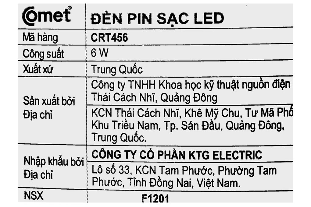Đèn pin sạc đa năng Comet CRT456 Màu Trắng