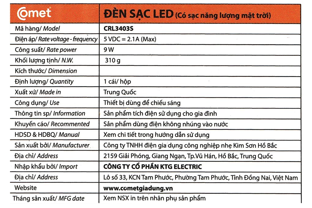 Đèn sạc năng lượng mặt trời Comet CRL3403S Màu Xanh