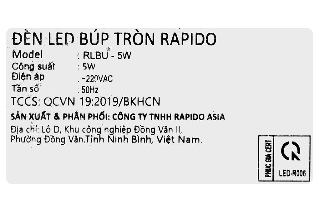 Bóng đèn Led Bulb tròn 5W Rapido RLBU-5W Màu Trắng