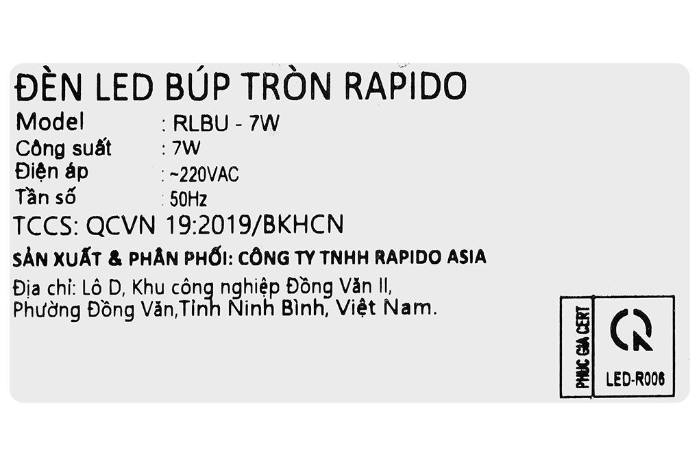 Bóng đèn Led Bulb tròn 7W Rapido RLBU-7W Màu Trắng
