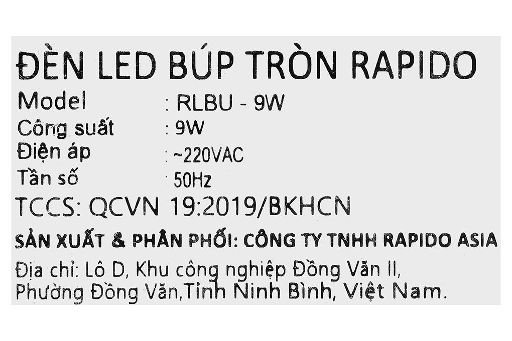 Bóng đèn Led Bulb tròn 9W Rapido RLBU-9W Màu Trắng