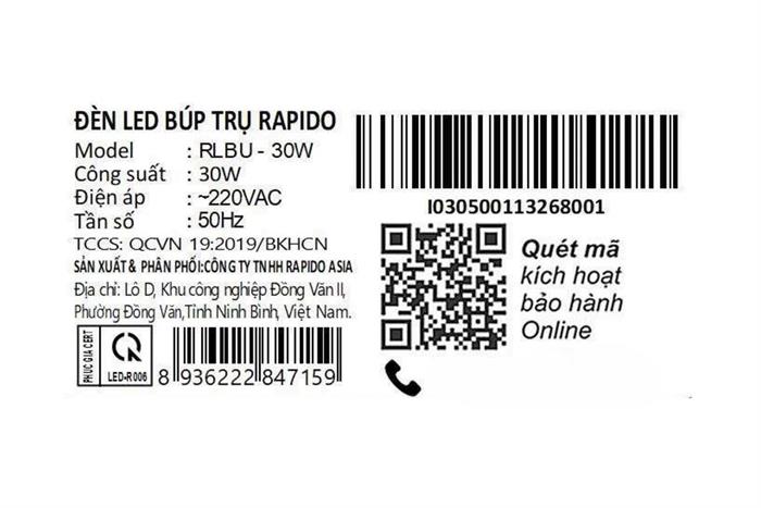 Bóng đèn Led Bulb trụ 30W Rapido RLBU-30W Màu Trắng