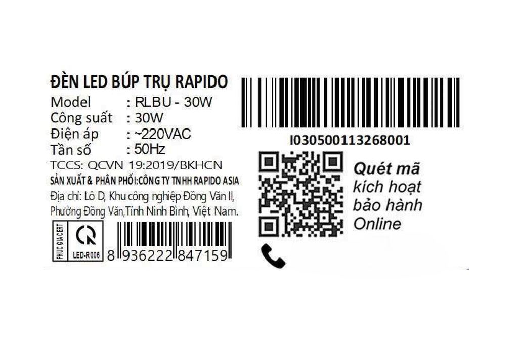 Bóng đèn Led Bulb trụ 30W Rapido RLBU-30W Màu Trắng