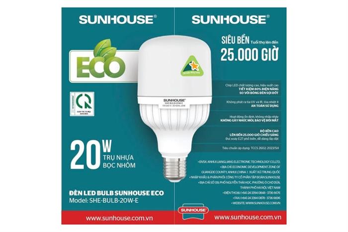 Bóng đèn Led Bulb trụ 20W Sunhouse Eco SHE-BULB-20W-E Màu Trắng