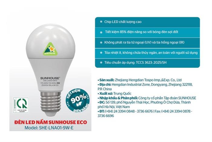 Bóng đèn Led Bulb tròn 9W Sunhouse Eco SHE-LNA01-9W-E Màu Trắng
