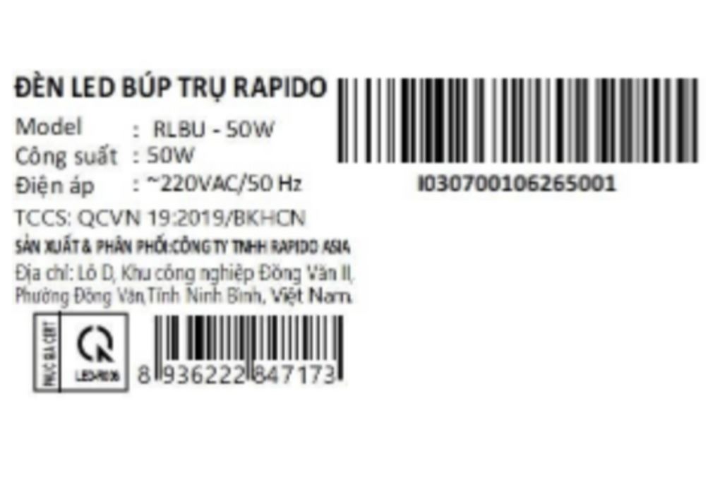 Bóng đèn Led Bulb trụ 50W Rapido RLBU-50W Màu Trắng
