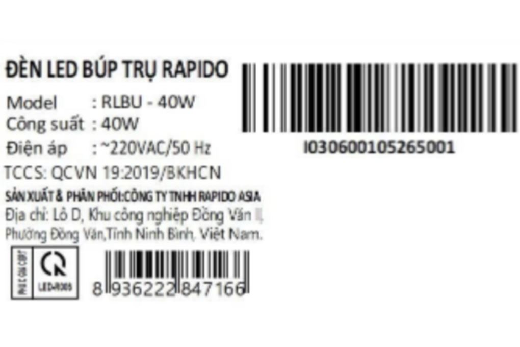 Bóng đèn Led Bulb trụ 40W Rapido RLBU-40W Màu Trắng