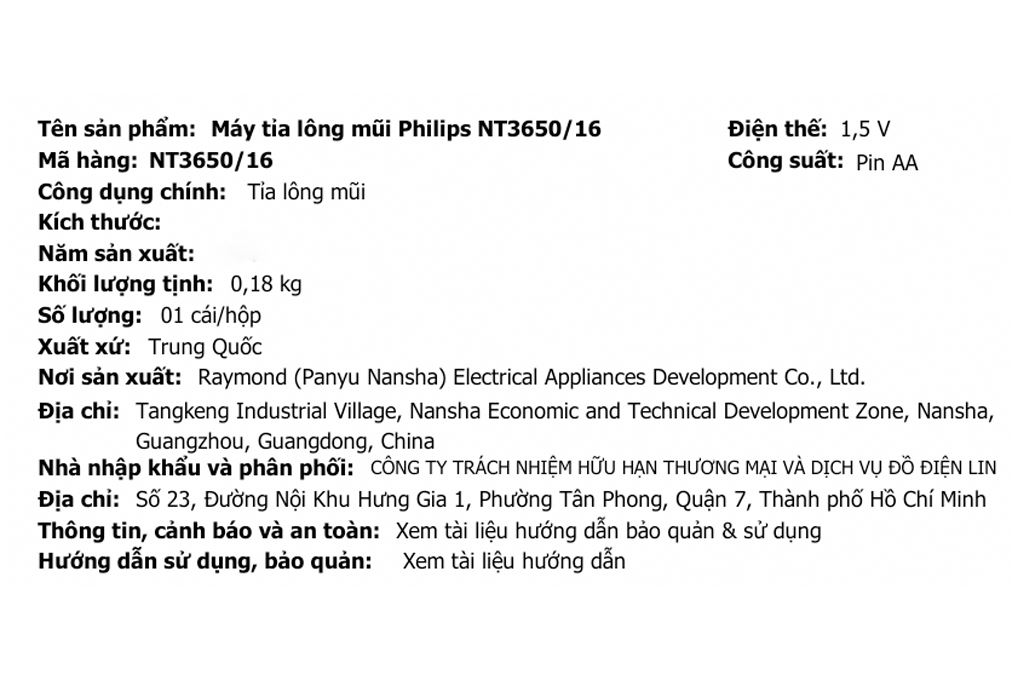 Máy tỉa lông mũi, lông tai và lông mày Philips NT3650/16 Màu Đen