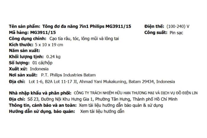 Tông đơ đa năng pin sạc Philips MG3911/15 Màu Xám