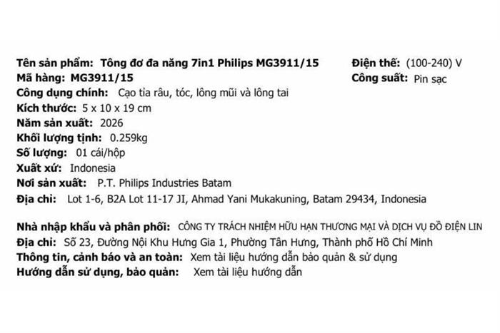Tông đơ đa năng pin sạc Philips MG3911/15 Màu Xám