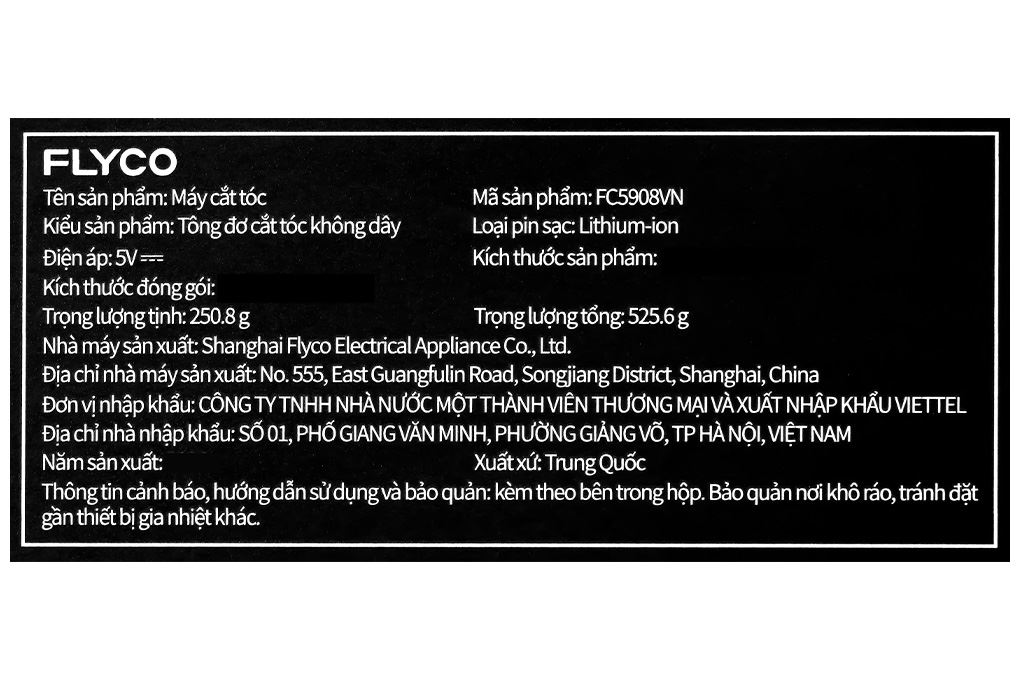 Tông đơ cắt tóc pin sạc Flyco FC5908VN Màu Đen