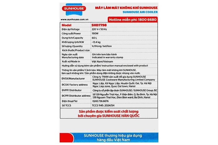 Quạt điều hòa Sunhouse SHD7798 190W Màu Trắng Ghi