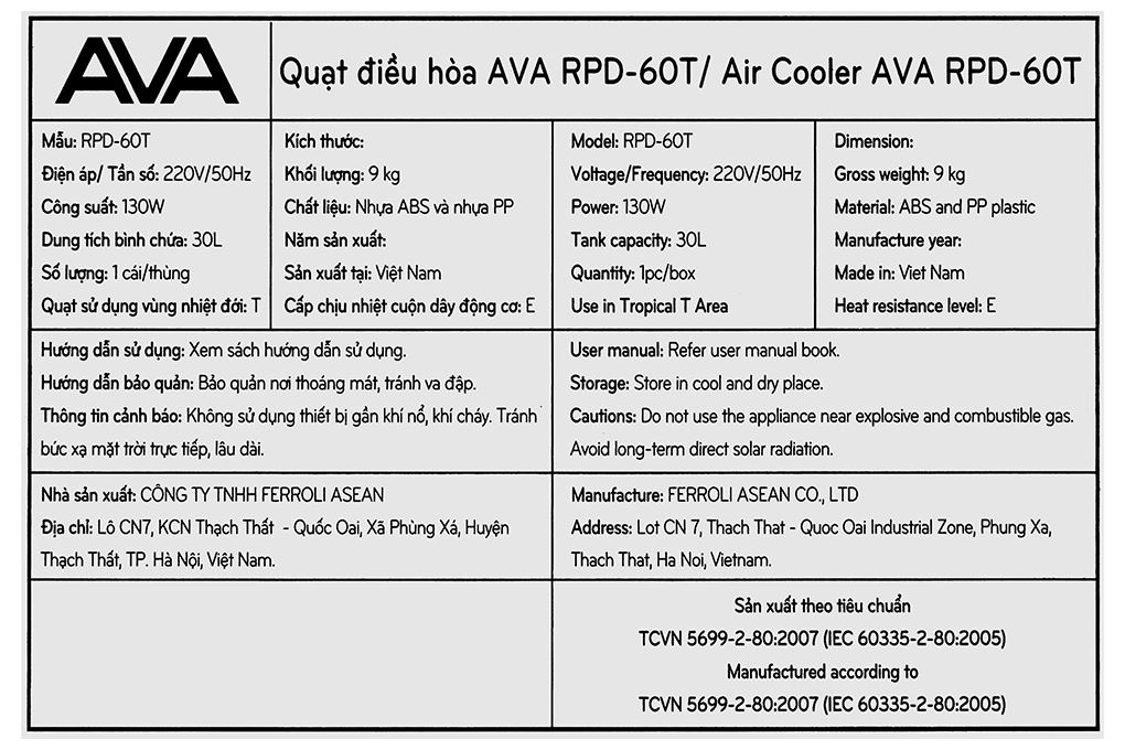 Quạt điều hòa AVA RPD-60T 130W Màu Trắng - Xám