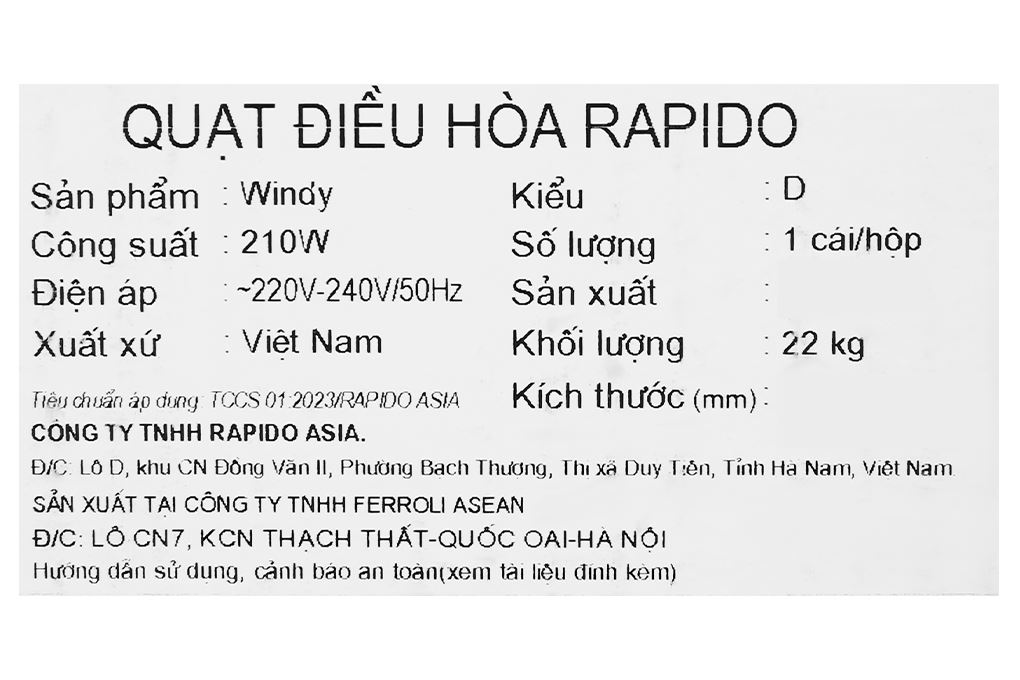 Quạt điều hòa Rapido Windy D 210W Màu Trắng - Nâu
