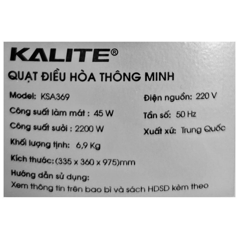 Quạt điều hoà Kalite KSA369 45W Màu Trắng - Đen
