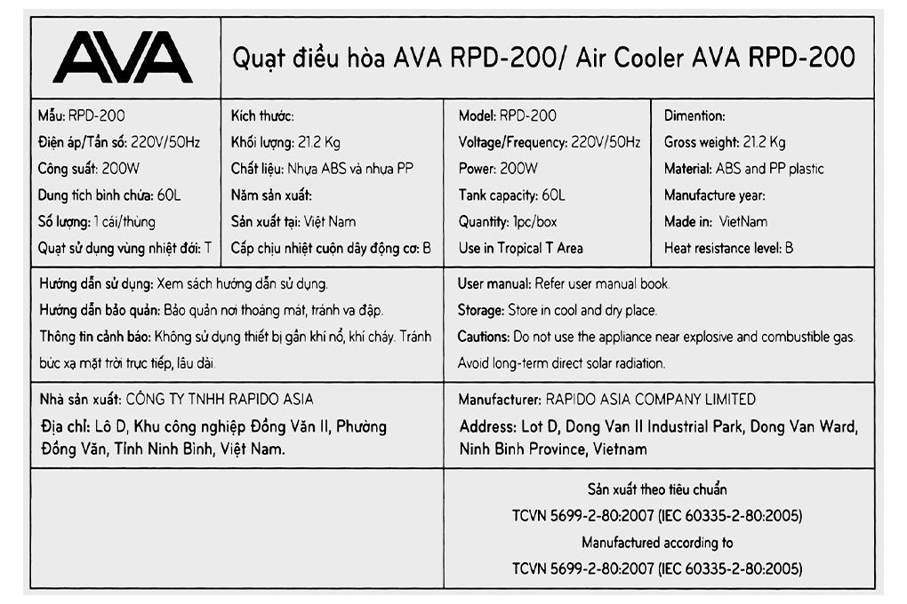 Quạt điều hòa AVA RPD-200 200W Trắng - Xám Màu Trắng - Xám
