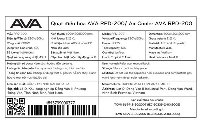 Quạt điều hòa AVA RPD-200 200W Màu Đen - Xám