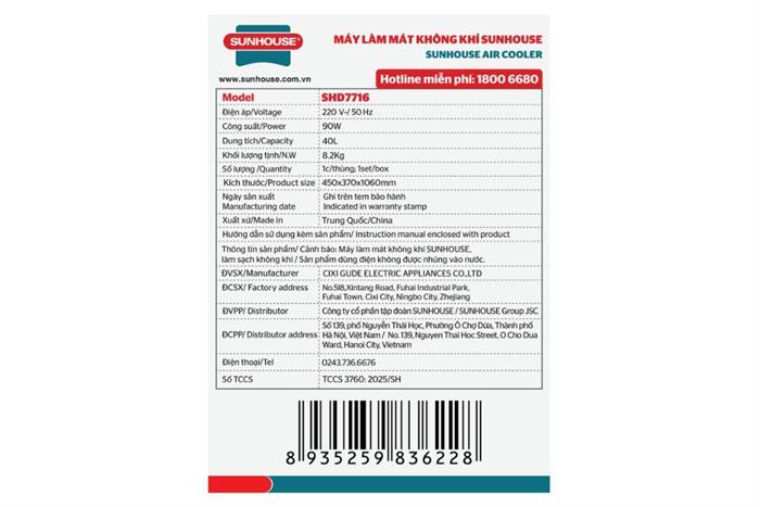 Quạt điều hòa Sunhouse SHD7716 90W Màu Đen/Trắng