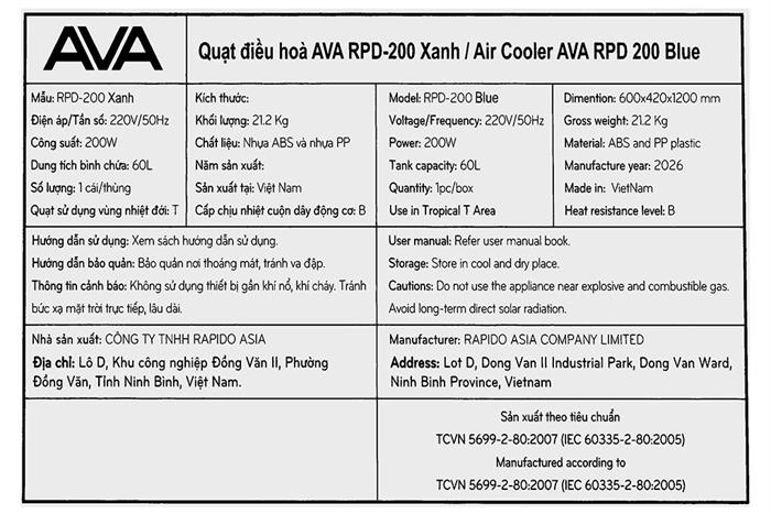 Quạt điều hòa AVA RPD-200 200W Trắng - Xanh Màu Trắng - Xanh
