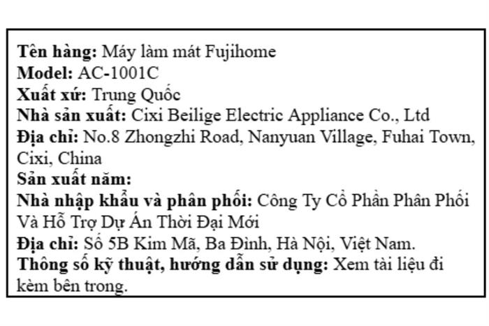 Quạt điều hòa FUJIHOME AC-1001C 70W Màu Trắng
