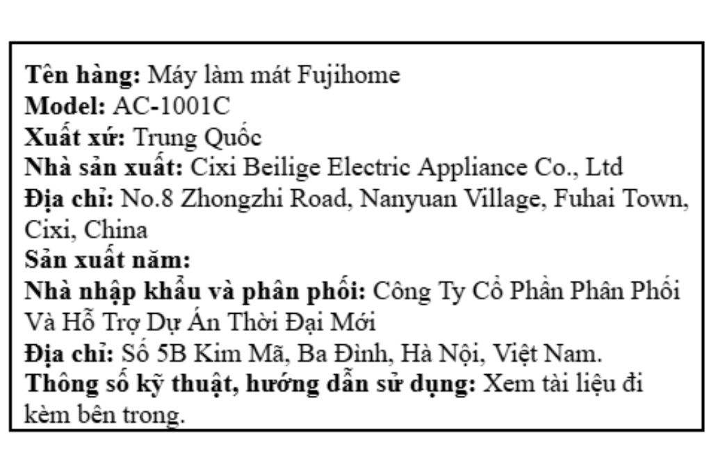 Quạt điều hòa FUJIHOME AC-1001C 70W Màu Trắng