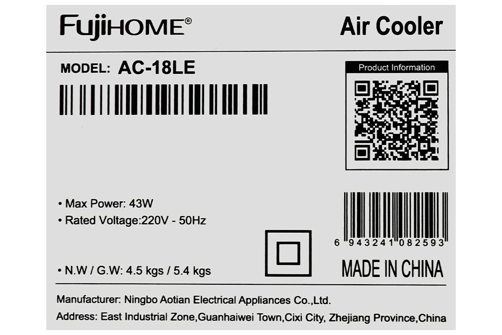 Quạt điều hòa FUJIHOME AC-18LE 43W Màu Trắng - Đen