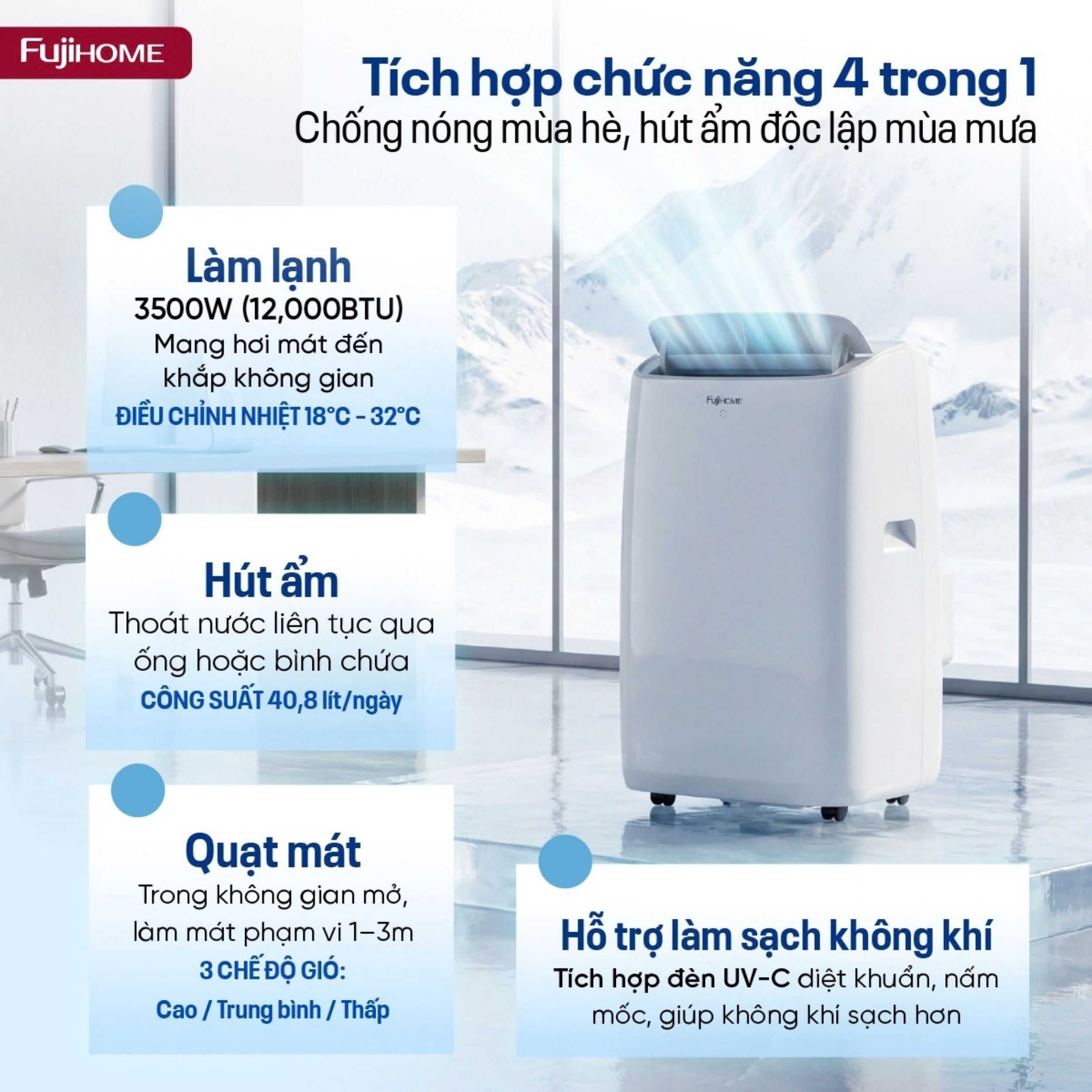 Điều hòa di động Fujihome PAC12N 3500W - Tích hợp chức năng 4 trong 1