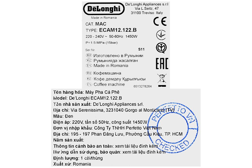 Máy pha cà phê Delonghi ECAM12.122.B Màu Đen