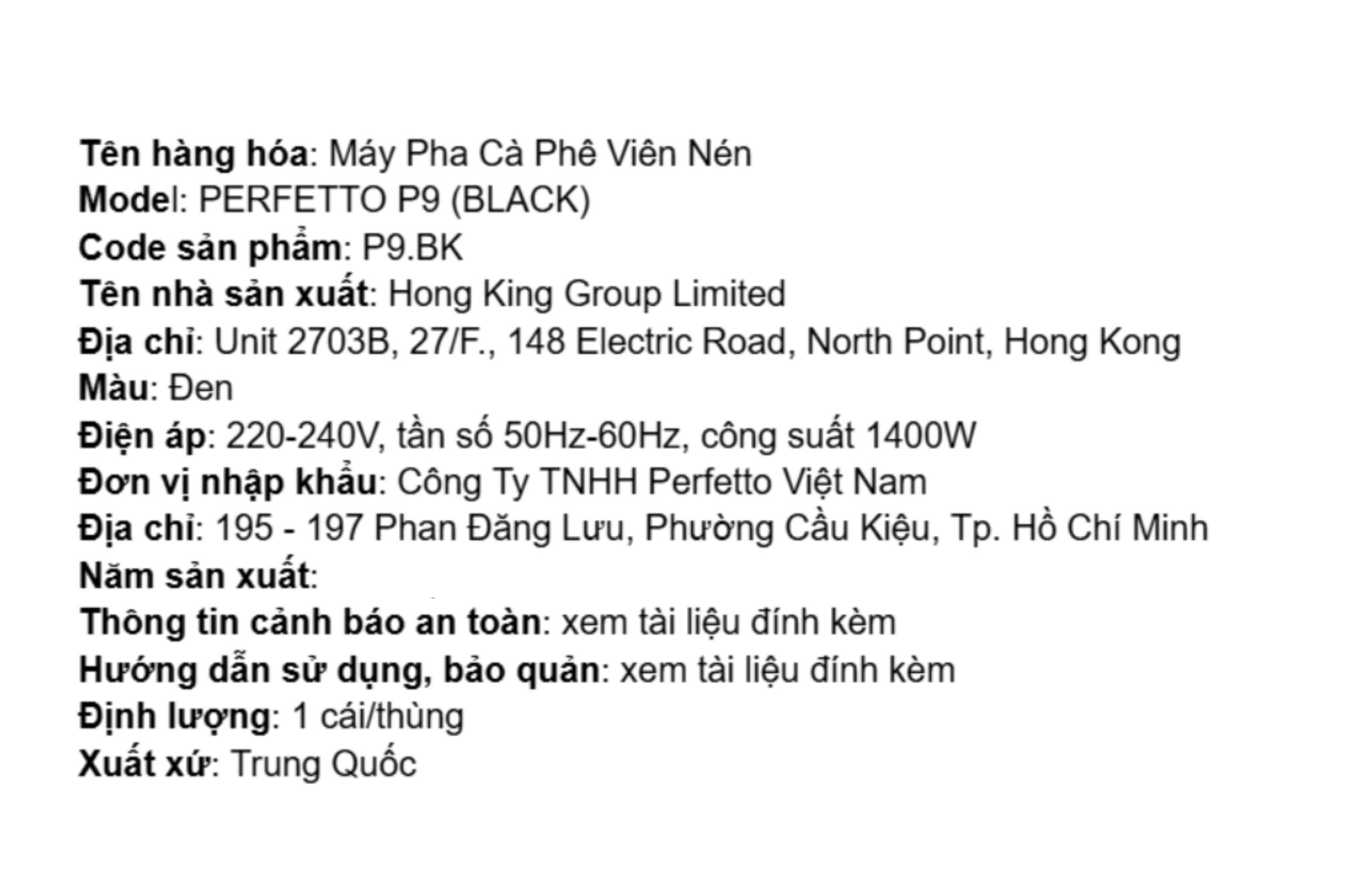Máy pha cà phê Perfetto P9.BK - Đen Màu Đen