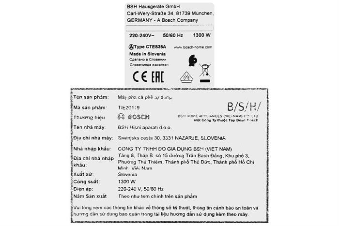 Máy pha cà phê Bosch TIE20119 Màu Đen