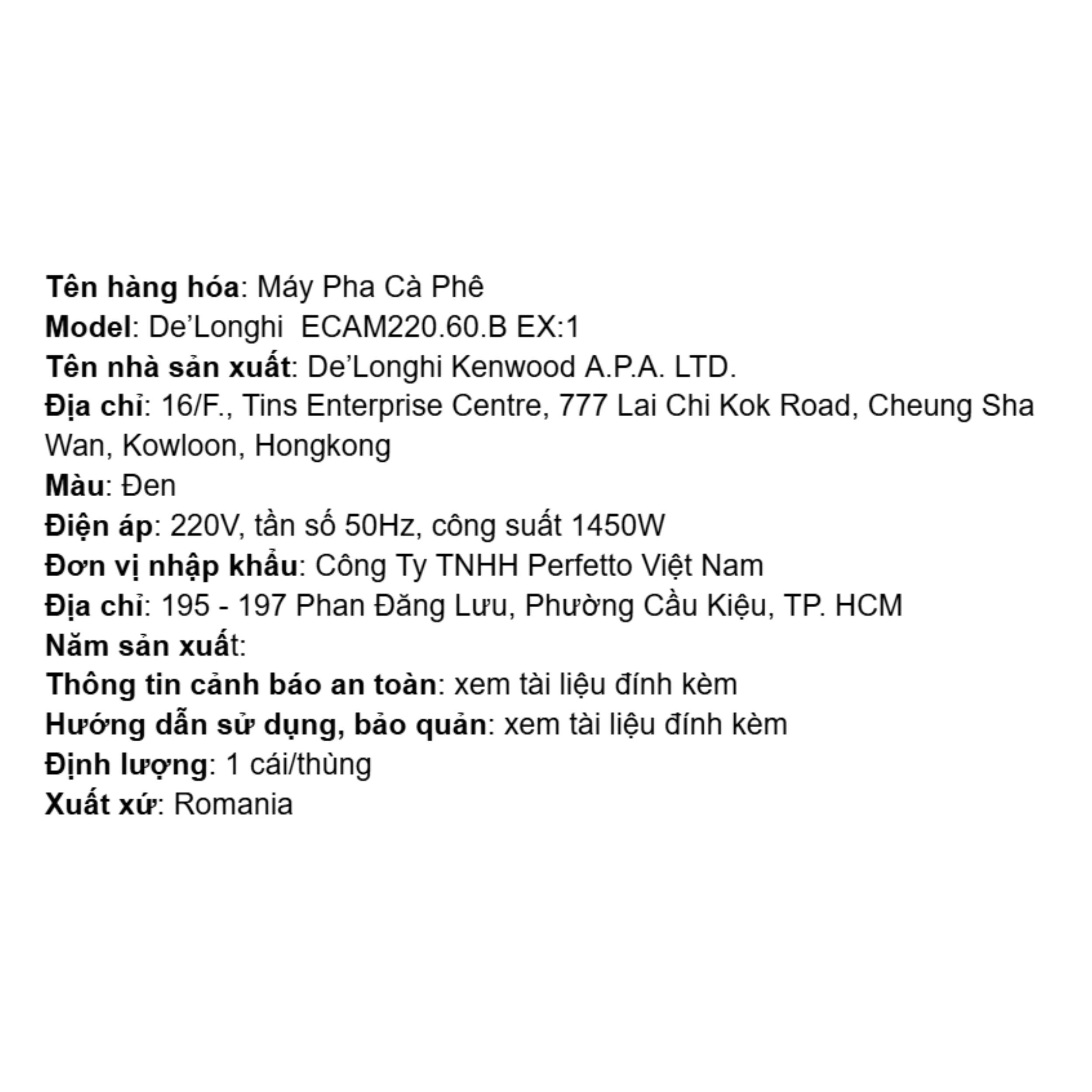 Máy pha cà phê Delonghi ECAM220.60.B EX:1 Màu Đen