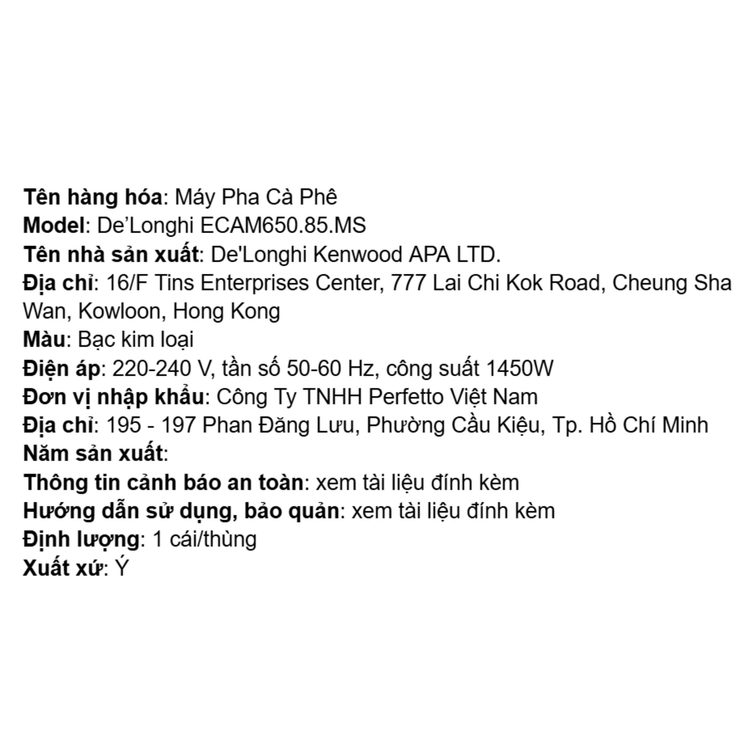 Máy pha cà phê Delonghi ECAM650.85.MS Màu Bạc