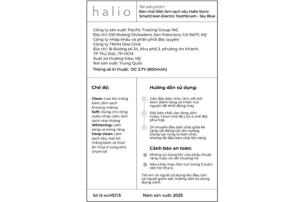 Bàn chải điện Halio Sonic SmartClean Electric Toothbrush Sky Blue Màu Xanh Dương