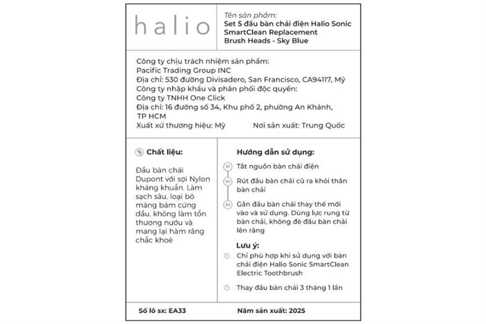 Bộ 5 đầu bàn chải điện Halio Sonic SmartClean Replacement Brush Heads Blue Màu Xanh Dương