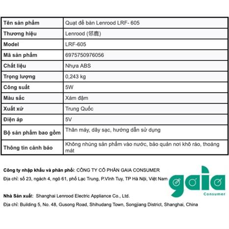 Quạt để bàn mini Lenrood LRF-605 Màu Xám