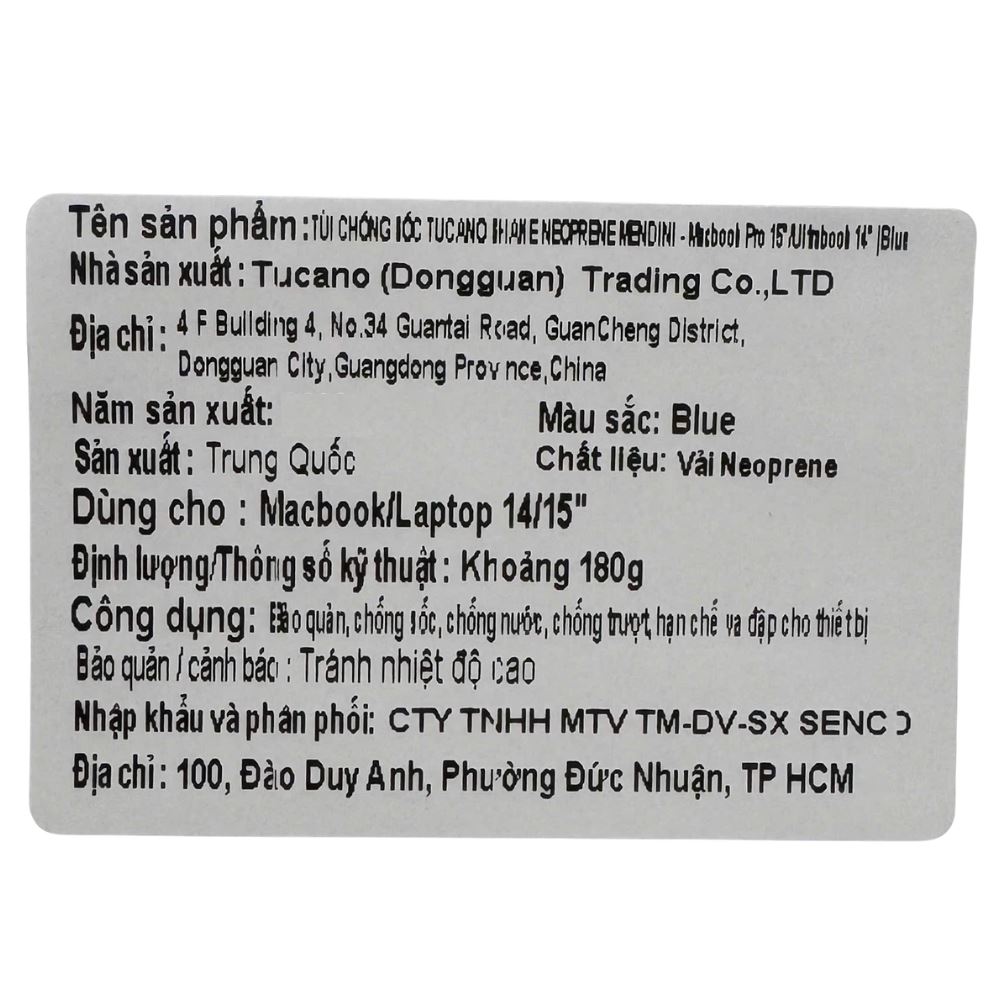 Túi chống sốc Laptop 15 inch TUCANO Shake Neoprene Mendini BFTUSH14-B-Ma-B - Xanh Dương Màu Xanh Dương